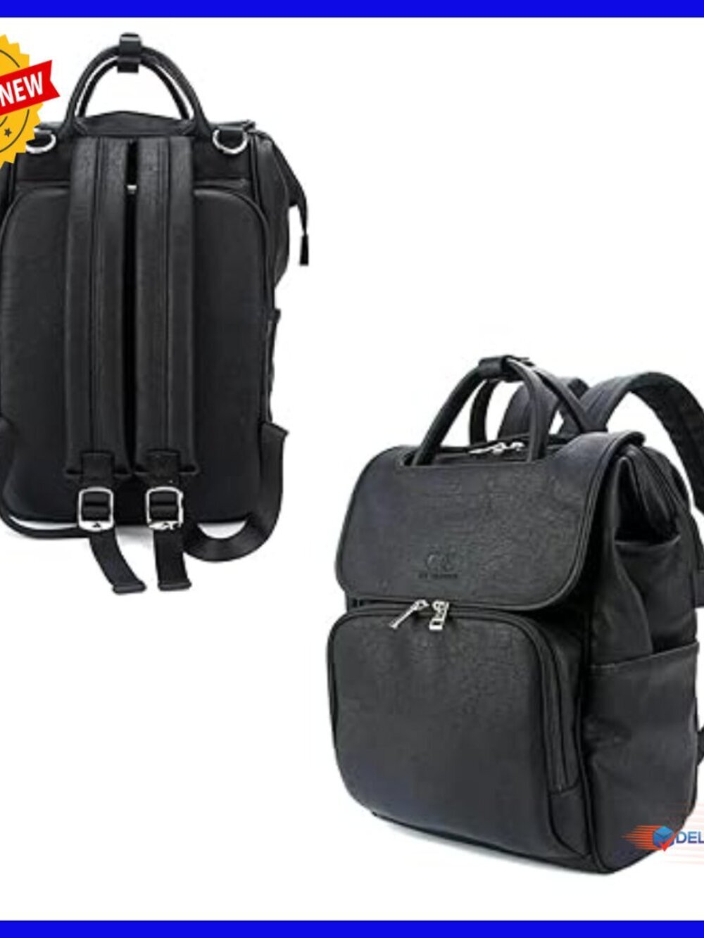 Large Vegan Leather Diaper Backpack with Insulated Pockets & Changing Pad